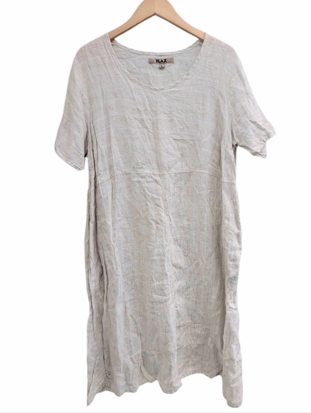FLAX 100% Linen Dress Women's Large Beige Pinstripe Short Sleeve Pockets